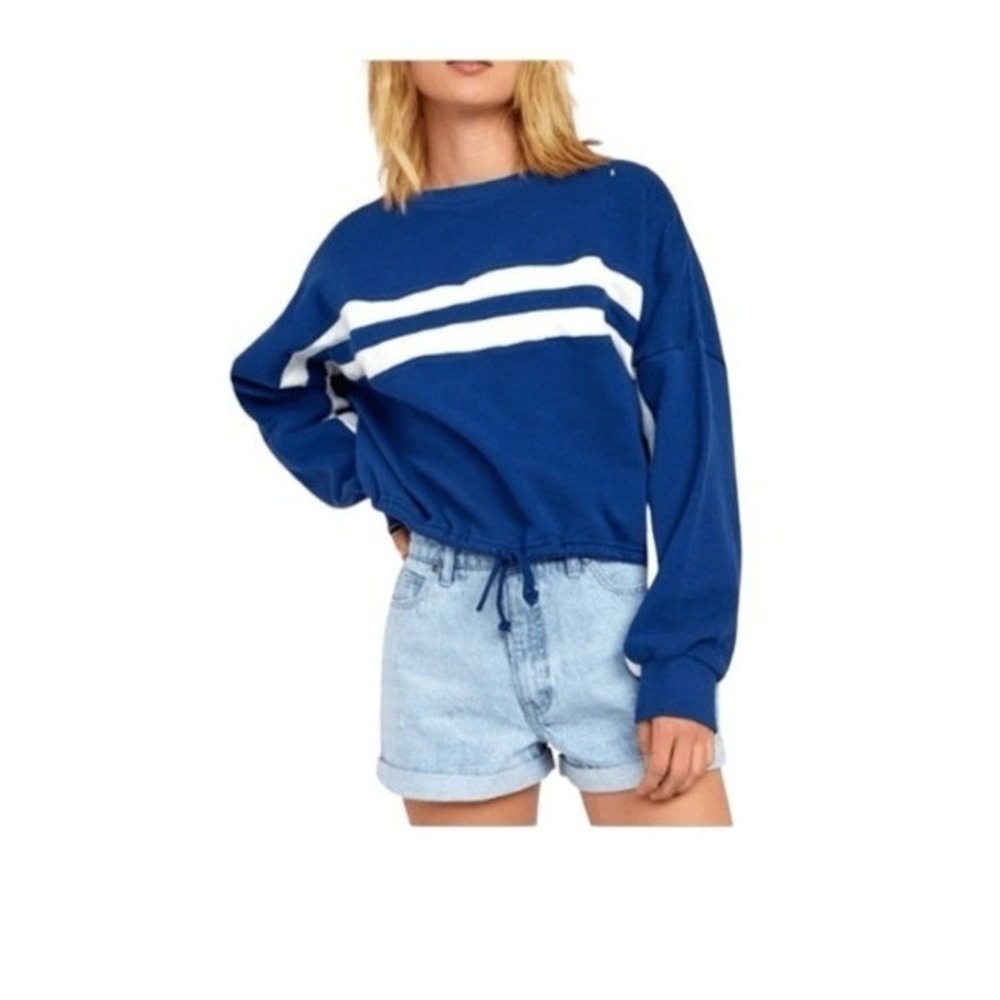 RVCA Aced Striped Sweatshirt Blue White Fleece Cropped Long Sleeve Crewneck